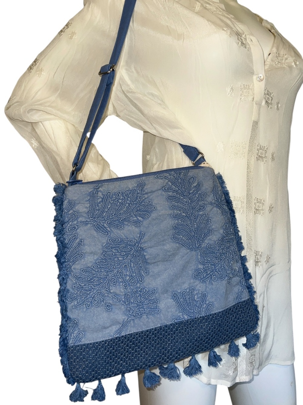 POL Crossbody Bag NWT Soutache Leaf Design Dusty Blue Fabric 100% Cotton